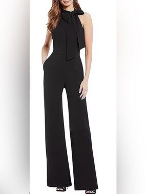 Vince Camuto Black Halter-Neck Tie-Front Wide-Leg Jumpsuit